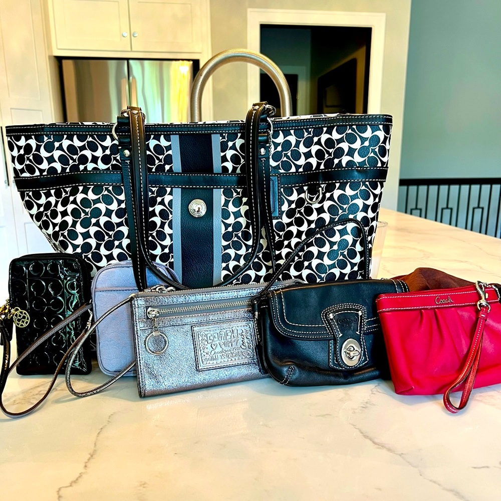 Lot of 6 Coach items. Large carryall & several smaller items.